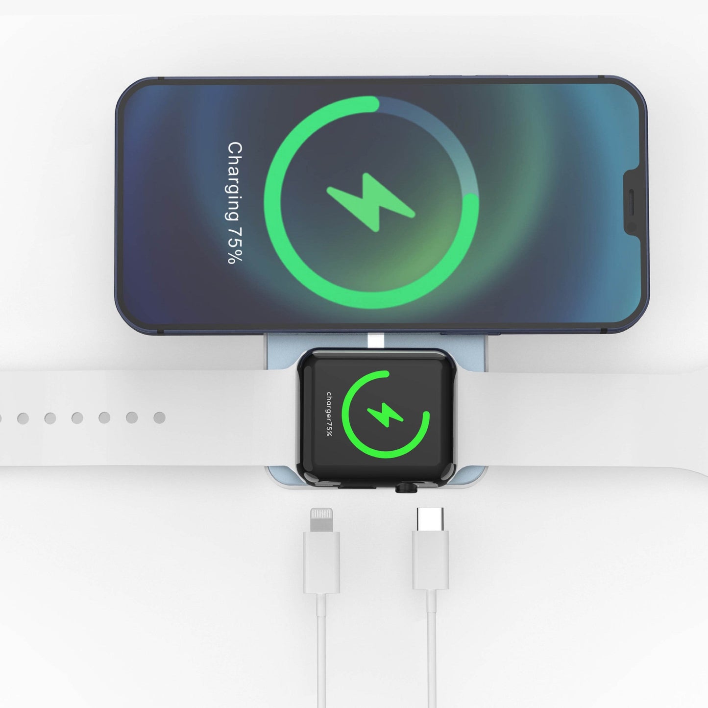 Green 3 in 1 MagSafe Fast Wireless power bank charger for phone, watch and type c electronics.