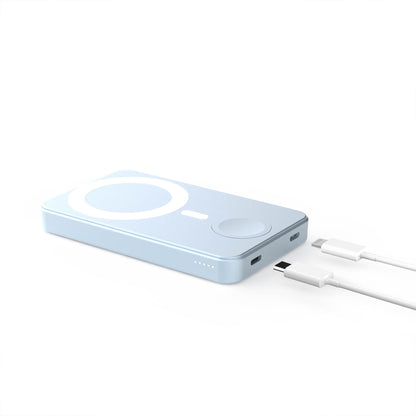 Blue 3 in 1 magsafe Fast Wireless power bank charger for phone, watch and type c electronics.