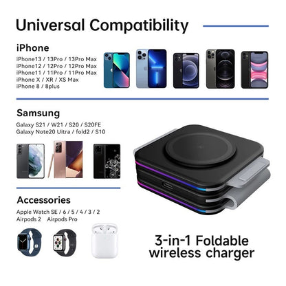 3 in 1 Fast wireless charger with adapter and cable/ RGB Led Charging station